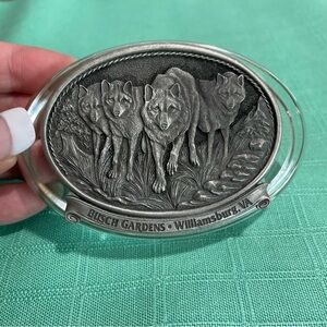 Vintage Paper weight Wolves glass, and pewter